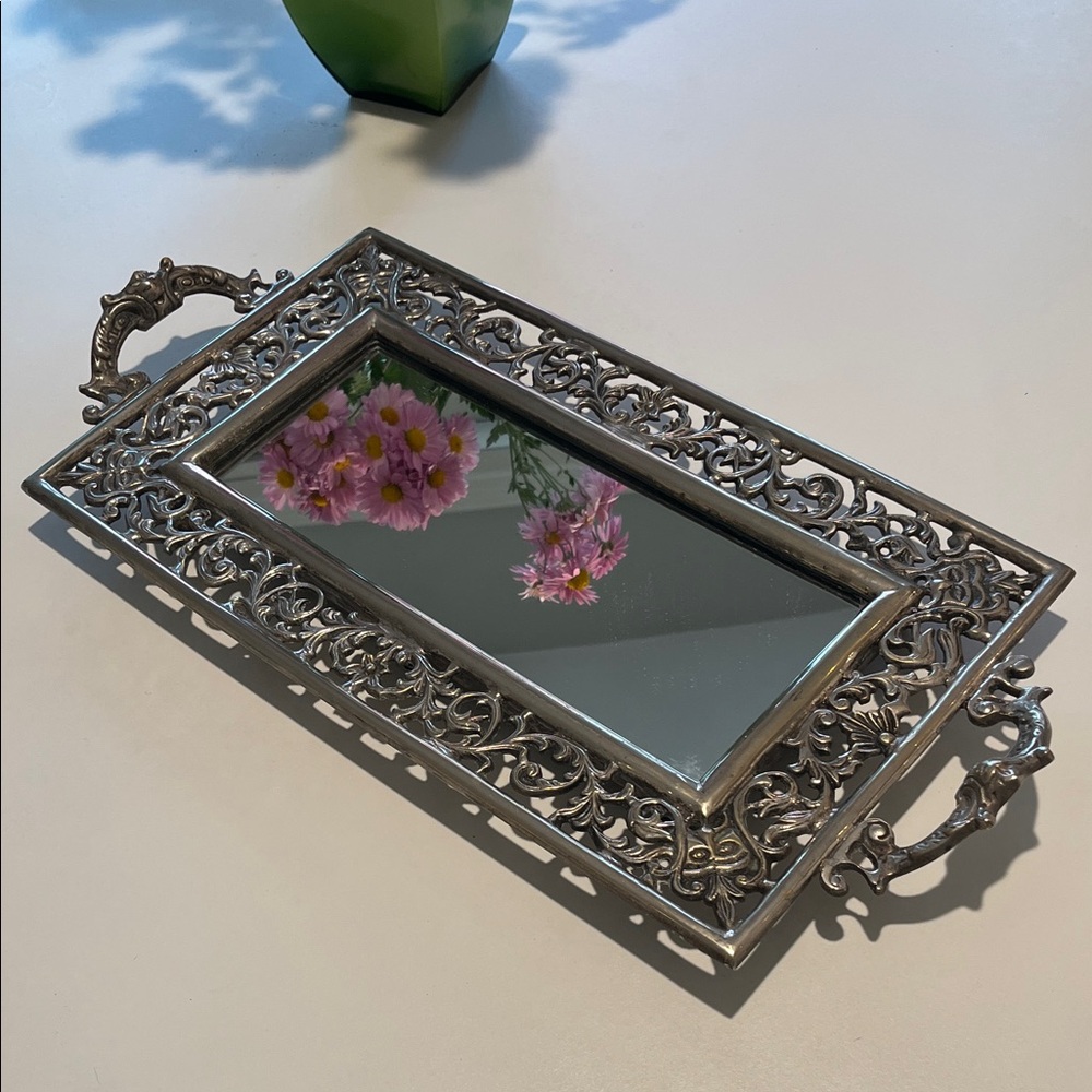 Elegant Iron Silvertone Decorative Mirror Tray 9.5" x 20"